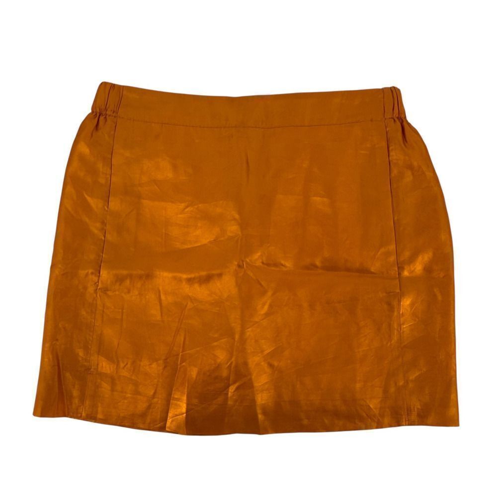 J Crew Mini Skirt 100%βSilk Orange Size 4 Metallic Elastic Waist Pockets Classic